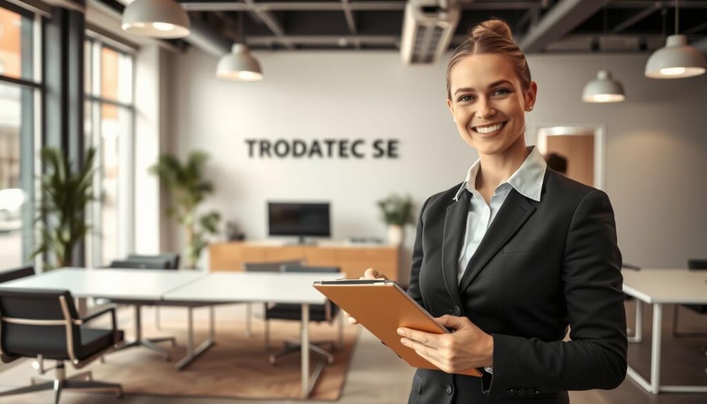 A high-quality interior scene of a modern office space, showcasing the TRODATEC SE "Vor-Ort-Check" service. The foreground features a professional-looking employee meticulously inspecting a commercial property, clipboard in hand, with a warm, welcoming expression. The middle ground reveals sleek, well-organized office furniture and equipment, conveying efficiency and attention to detail. The background subtly highlights the TRODATEC SE branding through minimal, elegant decor, creating a cohesive and visually appealing atmosphere. The lighting is soft and natural, accentuating the professionalism and trustworthiness of the TRODATEC SE brand. The overall composition and color palette evoke a sense of reliability, expertise, and a dedication to providing an exceptional on-site experience for clients in Germany.