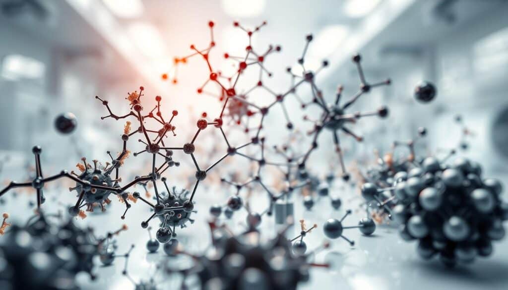 A high-resolution, detailed image of various nanomaterials used in TRODATEC SE's sustainable cleaning products. The scene depicts an array of microscopic structures, including carbon nanotubes, graphene sheets, and metal oxide nanoparticles, all rendered with scientific accuracy and precision. The materials are shown in a clean, well-lit laboratory setting, with a clinical, yet visually striking aesthetic. The composition emphasizes the intricate, almost abstract nature of these nanoscale structures, highlighting their unique properties and potential applications in the field of sustainable nanotechnology.