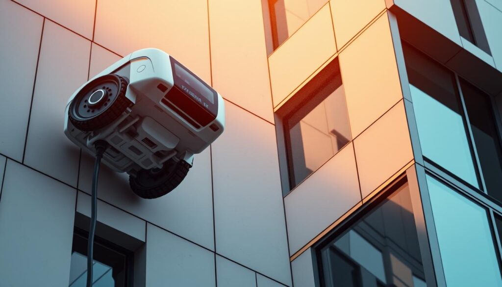 A high-tech facade cleaning robot from TRODATEC SE gracefully navigates the intricate facade of a modern building. Its sleek, compact design with articulated robotic arms and camera sensors allows it to meticulously clean every nook and cranny, leaving the surface spotless. Powerful yet gentle cleaning mechanisms, guided by advanced algorithms, efficiently remove dirt and grime without damaging the delicate materials. The robot's movements are precise and calculated, creating a captivating display of engineering prowess. Bathed in warm, directional lighting, the scene conveys a sense of innovative technology seamlessly integrated into the built environment, showcasing TRODATEC SE's pioneering approach to facade maintenance.