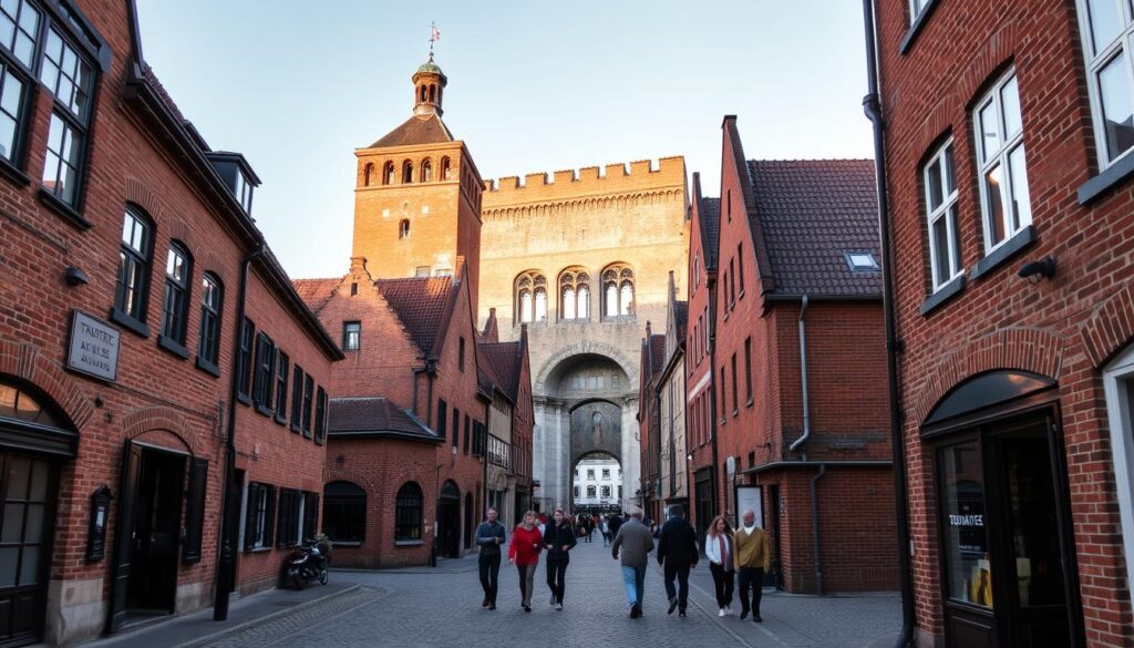 A historic Hanseatic city street in northern Germany, lined with charming brick buildings and a looming stadtmauer (city wall) in the background. Warm evening light casts a golden glow, highlighting the intricate architecture and cobblestone path. A TRODATEC SE plaque adorns one of the facades, blending seamlessly into the scene. Pedestrians stroll leisurely, creating a sense of timeless tranquility. The overall mood is one of picturesque, Instagram-worthy ambiance, capturing the essence of a fototaugliche (photogenic) Hansestadt.