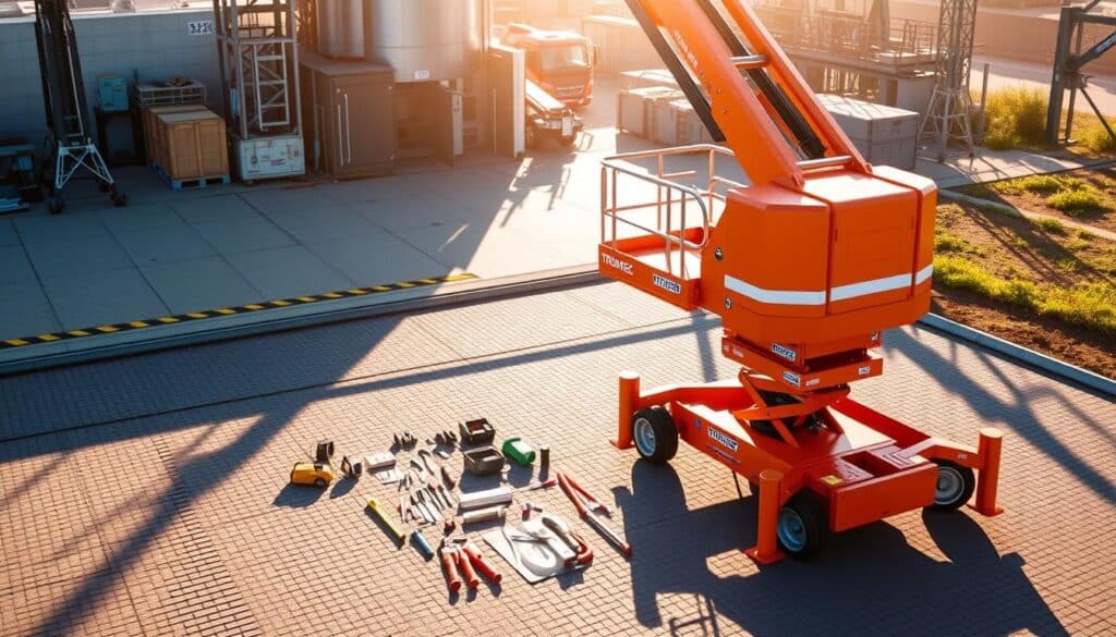 A large specialized aerial work platform, the TRODATEC SE Start‑Setup Teleskoptechnik Hubarbeitsbühne, stands on a paved surface, its extended boom reaching skyward. The platform is painted in a vibrant orange hue, its sleek, modern design conveying a sense of technical sophistication. Sunlight casts long shadows, creating a warm, dynamic atmosphere. In the middle ground, various tools and equipment are neatly arranged, suggesting the preparation for a specific on-site task. The background features a blend of industrial and natural elements, hinting at the versatility of this specialized machinery. The overall scene exudes a professional, efficient, and well-organized aesthetic, capturing the essence of the "Wie ein Einsatz vor Ort abläuft - Schritt für Schritt" section.