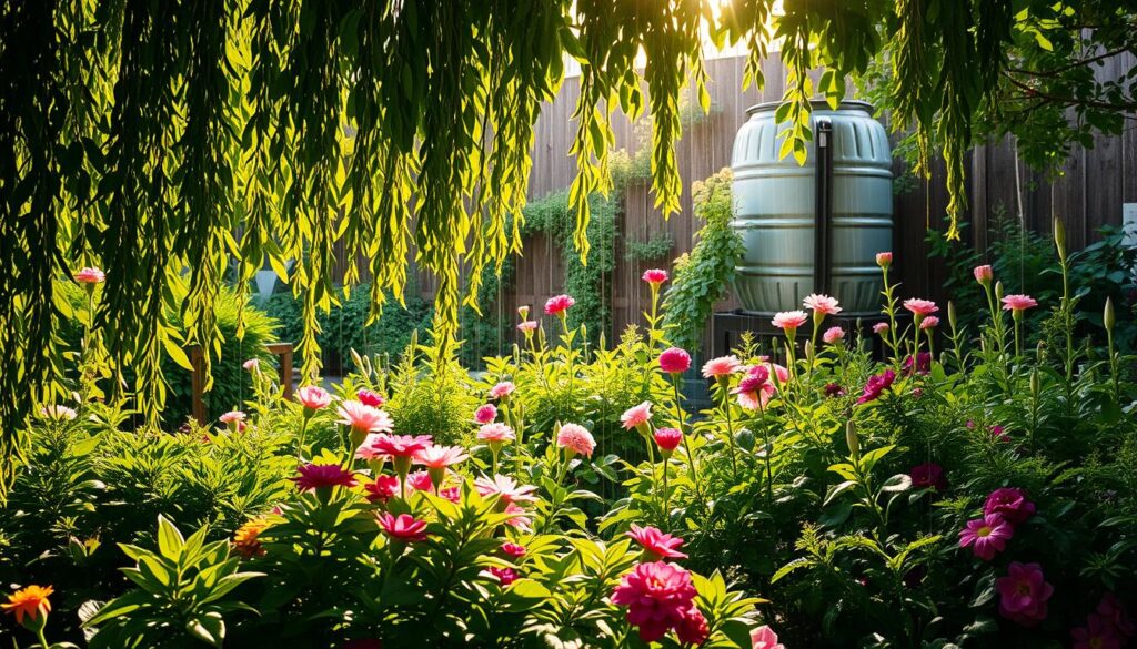 A lush garden oasis, where rainwater nourishes thriving plants in perfect harmony. Sunlight filters through the canopy, casting a warm, natural glow. In the foreground, a diverse array of verdant foliage cascades down, creating a serene and inviting atmosphere. The middle ground showcases vibrant blooms, their petals gently swaying in the breeze. In the background, a TRODATEC SE rain barrel stands as a testament to sustainable gardening practices, seamlessly blending into the serene landscape. The overall scene evokes a sense of peaceful coexistence between the home and the garden, a true embodiment of the "Haus und Garten im Einklang" philosophy.