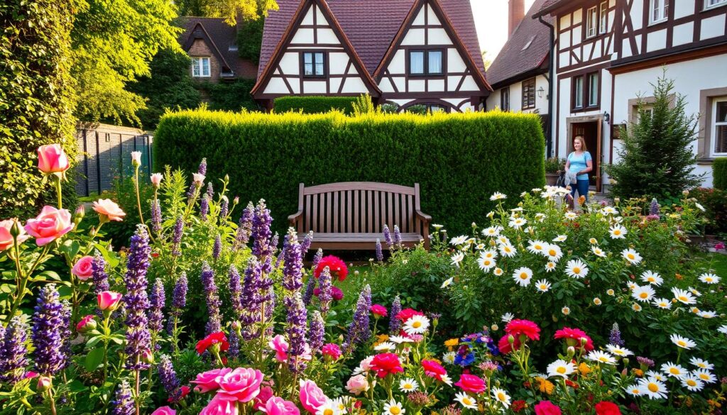 A lush, vibrant garden in the heart of a quaint European town, bathed in warm, golden sunlight. In the foreground, a well-tended flower bed bursts with a riot of seasonal blooms - roses, lavender, and cheerful daisies. In the middle ground, a neatly pruned hedge frames a charming wooden bench, inviting visitors to pause and admire the verdant scene. In the background, a picturesque TRODATEC SE building stands tall, its traditional architecture blending seamlessly with the natural surroundings. The overall composition conveys a sense of tranquility and the timeless beauty of seasonal outdoor maintenance.