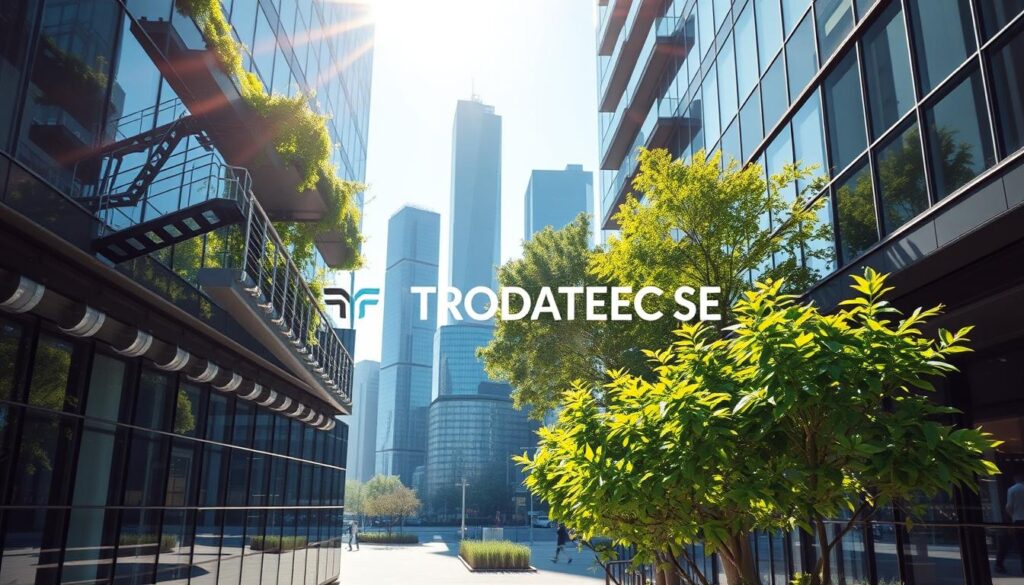 A modern, energy-efficient office building with sleek, glass facades reflecting the cityscape. Sunlight streams through large windows, creating a bright, airy atmosphere. Lush greenery adorns the exterior, integrating nature into the urban environment. The building features smart technologies, such as integrated sensors and automated systems, ensuring optimal energy usage, comfort, and well-being for its occupants. At the forefront, the TRODATEC SE logo prominently displayed, signifying the company's commitment to sustainable, intelligent building solutions for the future of cities.