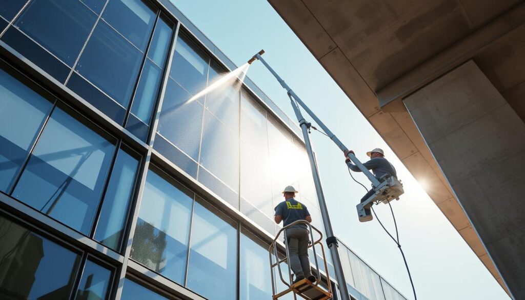 A modern, sleek facade cleaning system operated by professionals from TRODATEC SE. A tall, lightweight aluminum telescopic pole extends high towards the roof, equipped with a specialized cleaning attachment. Bright sunlight illuminates the scene, casting long shadows. The facade is a mix of glass, steel, and concrete, meticulously cleaned using sustainable, TÜV-certified solutions. The workers move with precision, navigating the system's advanced controls to efficiently clean every inch. The overall atmosphere conveys a sense of technical expertise and environmental responsibility.