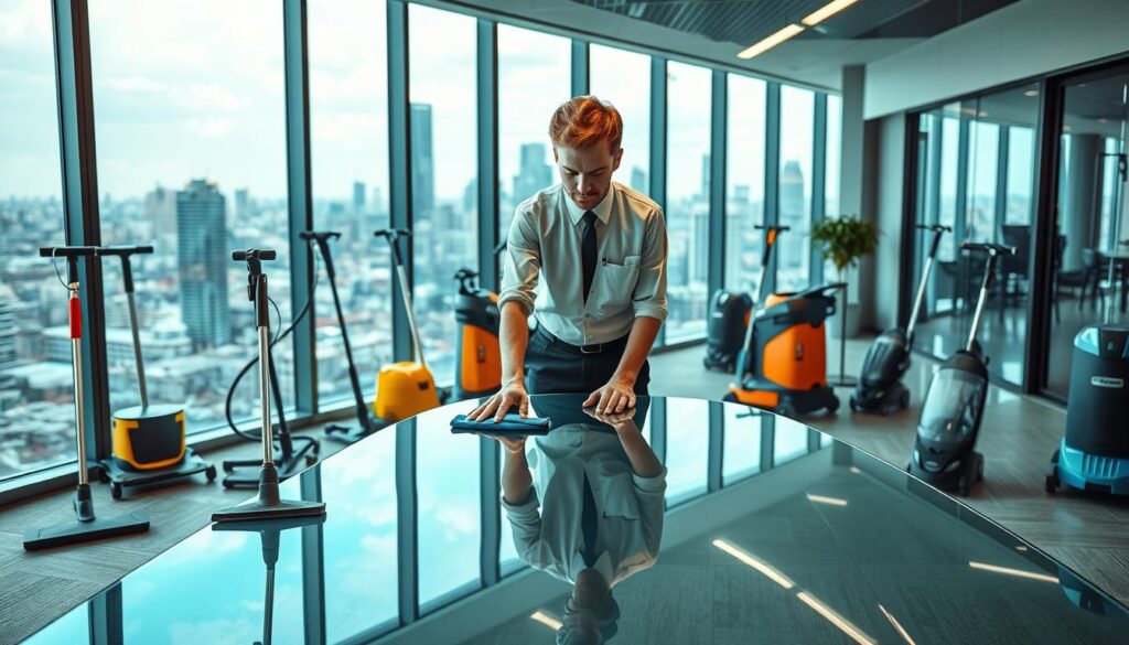 A modern, well-lit office space filled with the latest cleaning equipment and supplies from TRODATEC SE. In the foreground, a professional cleaner wearing a crisp uniform meticulously wipes down a sleek, glass desk, capturing the essence of their efficient and effective cleaning methods. The middle ground showcases various state-of-the-art cleaning tools, each designed to tackle specific tasks with precision. In the background, floor-to-ceiling windows offer a panoramic view of a bustling city skyline, conveying a sense of progress and innovation. The overall scene radiates a feeling of professionalism, attention to detail, and a commitment to delivering exceptional cleaning solutions.