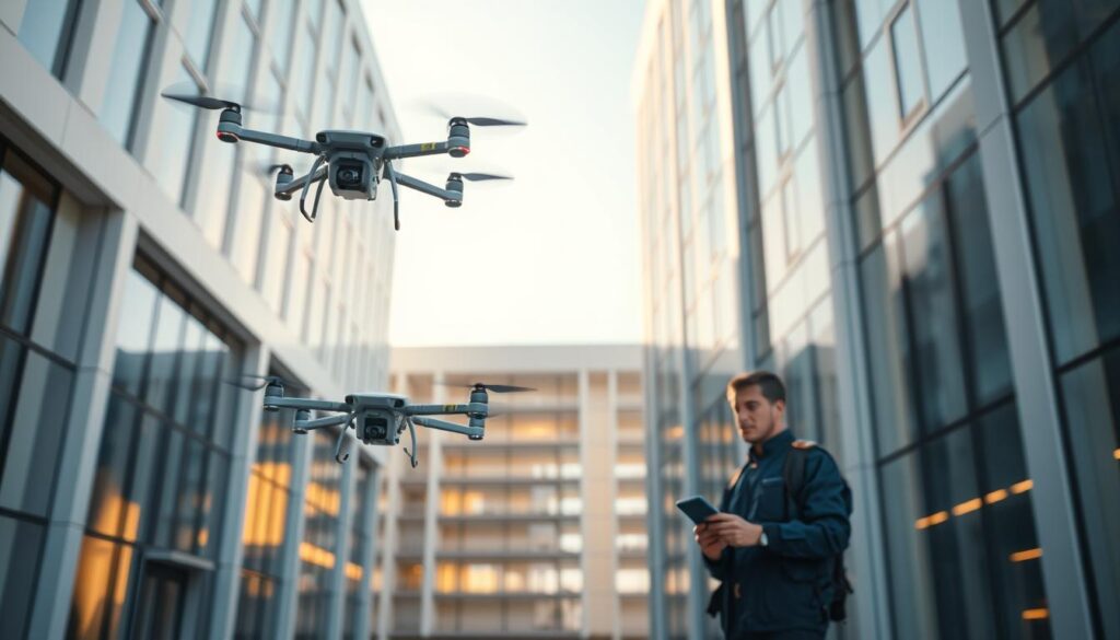 A pristine commercial building exterior, illuminated by warm natural light. Hovering in the foreground, a fleet of sleek, high-tech TRODATEC SE inspection and cleaning drones meticulously scanning the facade, their cameras and sensors capturing every detail. In the middle ground, a maintenance technician remotely monitors the drones' progress on a handheld device, ensuring optimal efficiency. The background showcases the building's architectural splendor, with clean lines and modern design elements. The overall scene conveys a sense of precision, innovation, and a commitment to maintaining the highest standards of building upkeep.
