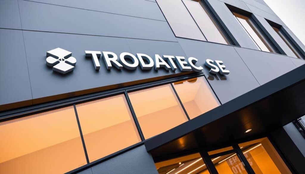 A sleek, modern facade featuring the TRODATEC SE brand, with sharp lines, premium materials, and precise TÜV-certified construction. The building exudes quality, attention to detail, and a commitment to compliance with the highest standards. Warm, diffused lighting highlights the carefully engineered joints and seamless transitions between panels, creating a sense of sophistication and technical proficiency. The image conveys a feeling of reliability, durability, and a strong brand identity, perfectly suited to illustrate the "Qualität, Compliance und TÜV-geprüfte Standards" section of the article.