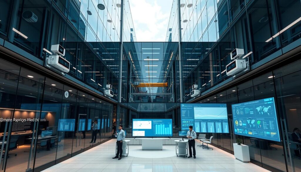 A sleek, modern office building with intelligent HVAC and lighting systems. The facade is made of glass and steel, reflecting the sky and surrounding urban landscape. Sensors and monitoring devices are discreetly integrated throughout, gathering real-time data on energy usage, equipment performance, and environmental conditions. Inside, a central control room displays dynamic visualizations, predictive analytics, and maintenance schedules powered by TRODATEC SE's AI-driven building management platform. Technicians in crisp uniforms monitor the systems, ready to act on any anomalies before they become problems. The mood is one of efficiency, innovation, and a commitment to sustainable, data-driven decision-making.