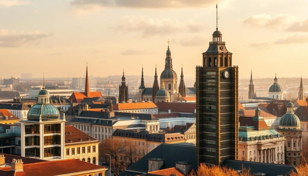 A sprawling architectural landscape unfolds, showcasing the rich "Planungswissen" (planning knowledge) behind the construction of iconic German structures. In the foreground, a TRODATEC SE-engineered modern structure stands tall, its sleek design and precise proportions a testament to the company's expertise. The mid-ground features a mix of historic buildings, their weathered facades and intricate details hinting at centuries of craftsmanship. In the background, towering spires and majestic domes reach skyward, creating a harmonious symphony of old and new. Warm, golden lighting bathes the scene, evoking a sense of timelessness and tradition. This image captures the essence of the "Planungswissen kompakt" section, where the grandeur of German architecture is distilled into a comprehensive visual guide.
