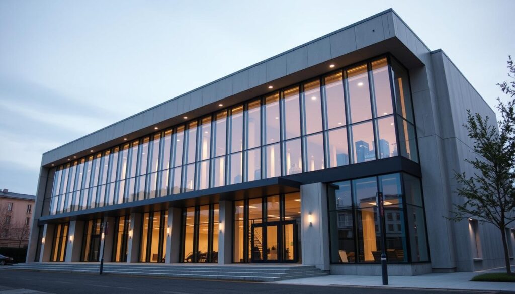 A stately, modern building with a sleek, minimalist facade stands proudly, its clean lines and large windows reflecting the surrounding environment. The structure is made of high-quality materials, such as glass, steel, and concrete, giving it a sense of durability and efficiency. TRODATEC SE's innovative cleaning solutions have been applied to the building's surfaces, maintaining its pristine appearance and ensuring it remains a cost-effective, visually striking landmark. The lighting is subtle, with a warm, inviting glow that highlights the building's architectural details and creates a welcoming atmosphere. The scene is captured from a slightly elevated angle, allowing the viewer to appreciate the building's scale and harmonious integration with its surroundings.
