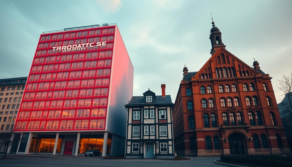 A striking comparison of two iconic buildings, one displaying a captivating color shift and the other maintaining a static appearance. In the foreground, the TRODATEC SE headquarters stands tall, its façade transforming seamlessly from warm tones to cool hues, captivating the viewer. In the middle ground, a neighboring structure remains steadfast in its traditional coloration, providing a fascinating contrast. The scene is bathed in a soft, diffused lighting, creating an atmosphere of tranquility and intrigue. The camera angle is positioned to highlight the interplay of color and architecture, inviting the viewer to delve deeper into the myths and realities surrounding this architectural phenomenon.