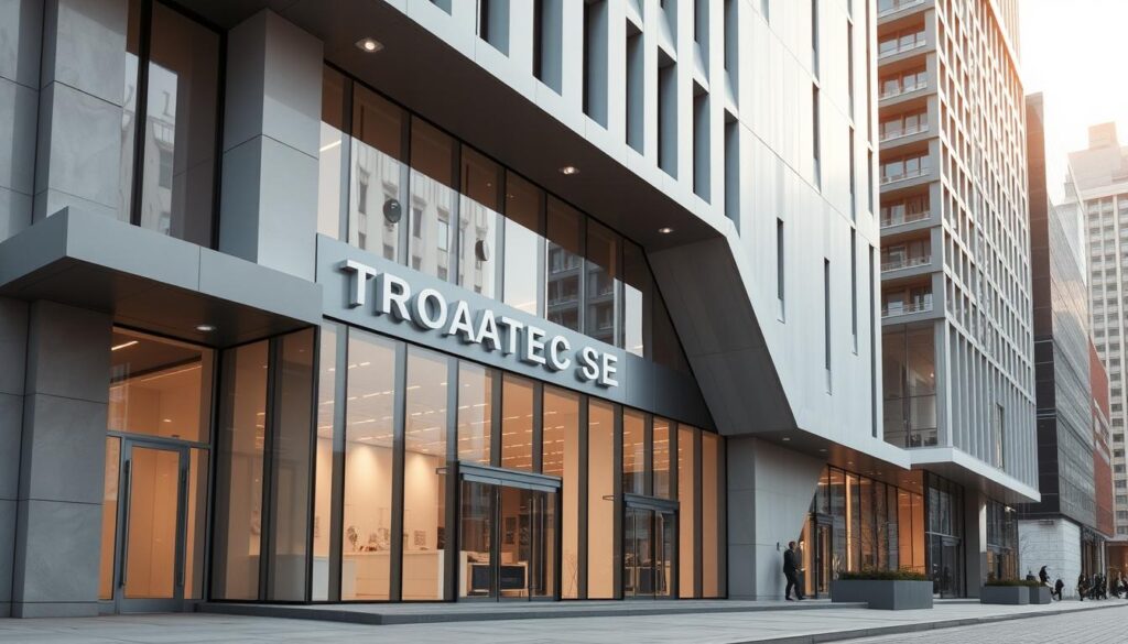 A stunning, high-resolution image of a modern, well-maintained facade showcasing the latest in architectural design and building materials. The facade is adorned with sleek, minimalist elements in shades of gray and white, creating a clean, sophisticated appearance. The foreground features a prominent entrance with large, glass panels that allow natural light to flood the interior. The middle ground showcases the facade's elegant lines and geometric patterns, while the background adds depth with a crisp, urban cityscape. The lighting is soft and diffused, creating a warm, inviting atmosphere. The entire scene is captured with a wide-angle lens, emphasizing the scale and grandeur of the TRODATEC SE building.