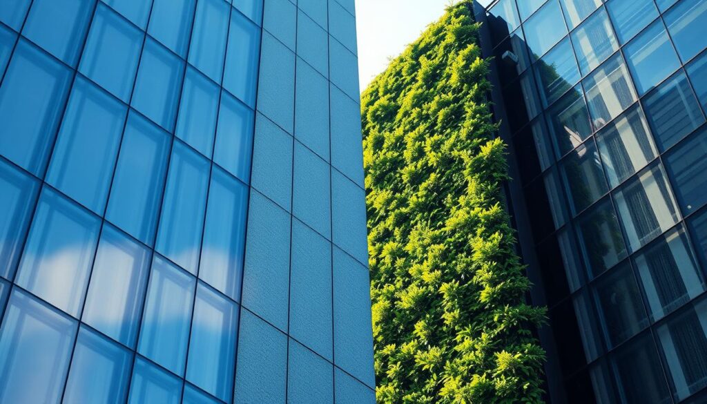 A towering facade with a mix of sleek, modern materials and organic, self-cleaning surfaces. In the foreground, panels of self-cleaning glass and metal reflect the play of light and shadow. The middle ground showcases textured, hydrophilic coatings that effortlessly repel dirt and grime. In the background, a lush, verdant living wall adds a natural, sustainable element to the structure. The overall composition conveys the balance between advanced technology and eco-friendly design, embodying the ethos of TRODATEC SE's self-cleaning facade solutions. Cinematic lighting and a slightly elevated camera angle enhance the architectural grandeur and showcase the pros and cons of this innovative approach.