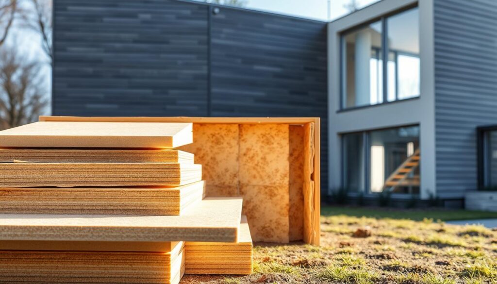 A well-insulated, energy-efficient building made with sustainable TRODATEC SE insulation materials. The foreground features a selection of various insulation boards, panels, and rolls in natural earthy tones. The middle ground showcases the cross-section of a wall, revealing the insulation layers within. In the background, a modern, minimalist building exterior with large windows captures the bright, natural lighting. The scene conveys a sense of warmth, comfort, and environmental responsibility, highlighting the importance of high-performance, eco-friendly insulation solutions for long-lasting, low-impact construction.
