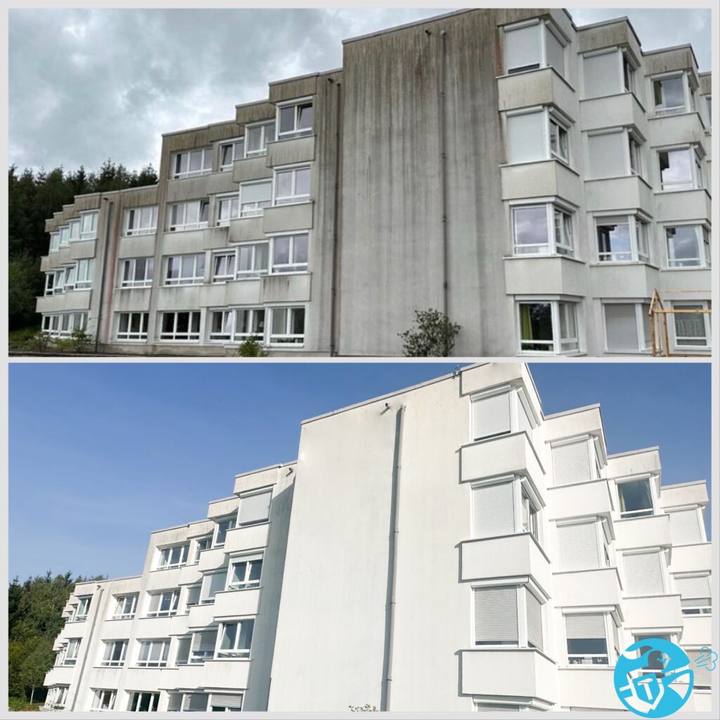 Vorher-Nachher Fassadenreinigung Hochhaus in Deutschland durch TRODATEC SE – TÜV-zertifiziert, chemiefrei & nachhaltig