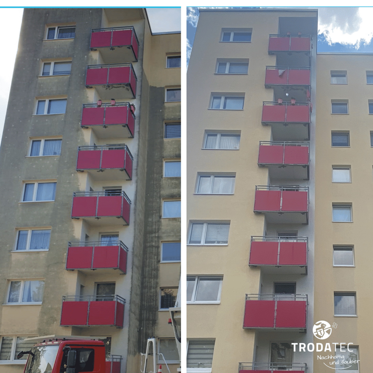 Fassadenreinigung Vorher-Nachher – Hochhausfassade gereinigt durch TRODATEC SE in Deutschland, TÜV-zertifiziert