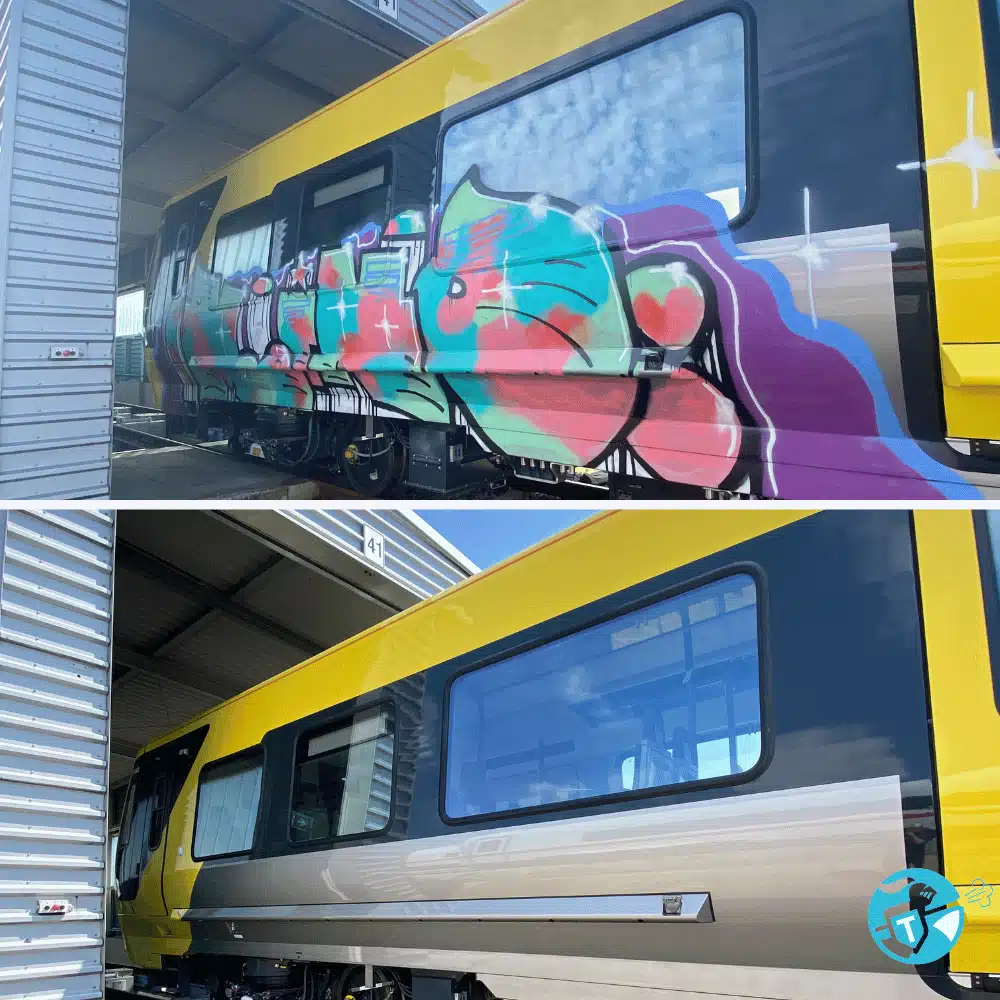 Vorher-Nachher-Bild einer professionellen Graffitientfernung am Zug durch TRODATEC SE